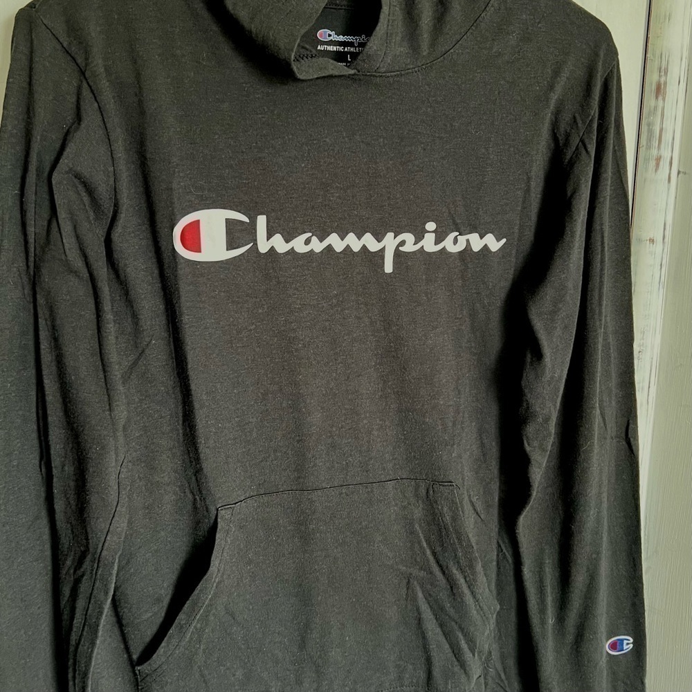 Champion Youth Black Long Sleeve Hoodie Shirt Spell Out Logo Lightweight Large - Picture 3 of 13